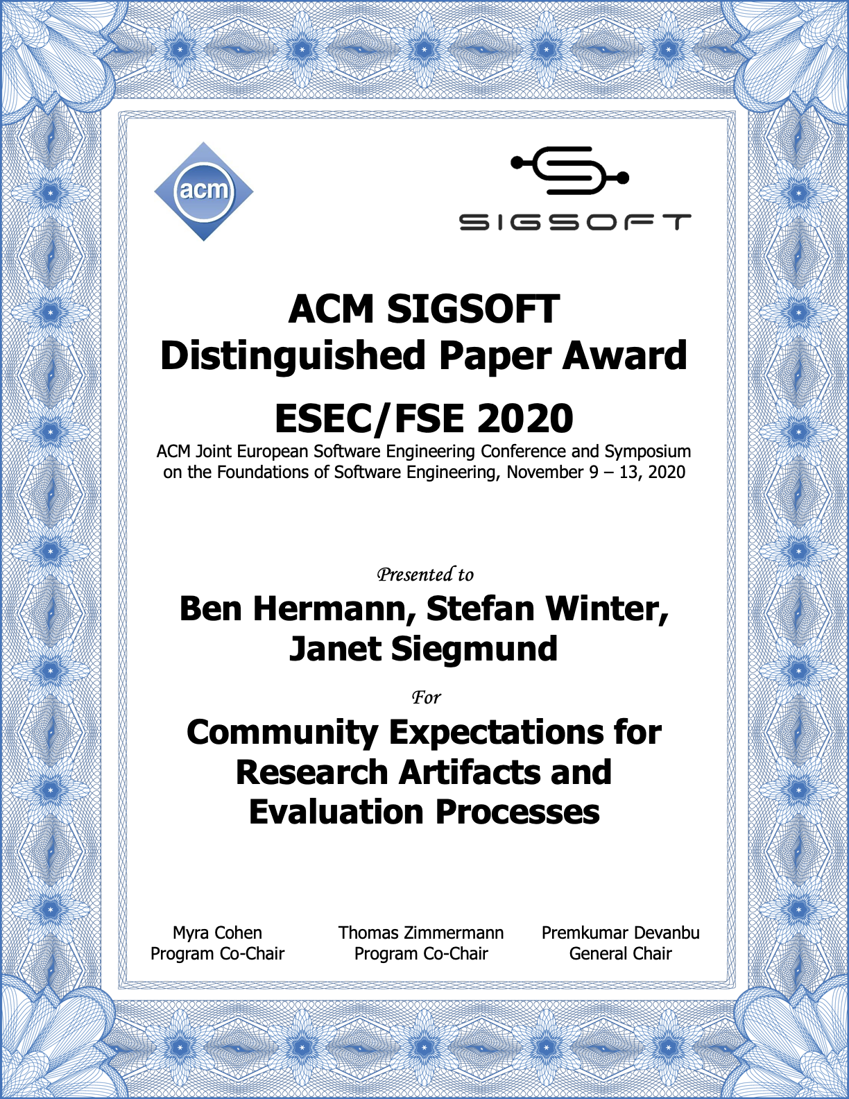 Award for our Study on Artifact Evaluation